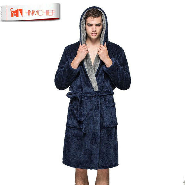 HNMCHIEF Men Winter Coral Velvet Hooded Robe Male Warm Long Bathrobes Comfort Gray Bath Robe Long Sleeved Bathrobe homme Kimono