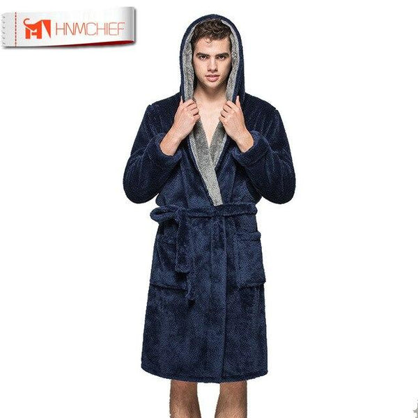 HNMCHIEF Men Winter Coral Velvet Hooded Robe Male Warm Long Bathrobes Comfort Gray Bath Robe Long Sleeved Bathrobe homme Kimono