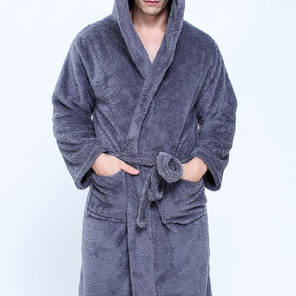Couple Dressing Gowns For Men Women Warm Super Soft Flannel Coral Fleece Long Bath Robe Mens Kimono Bathrobe Male Robe Hooded