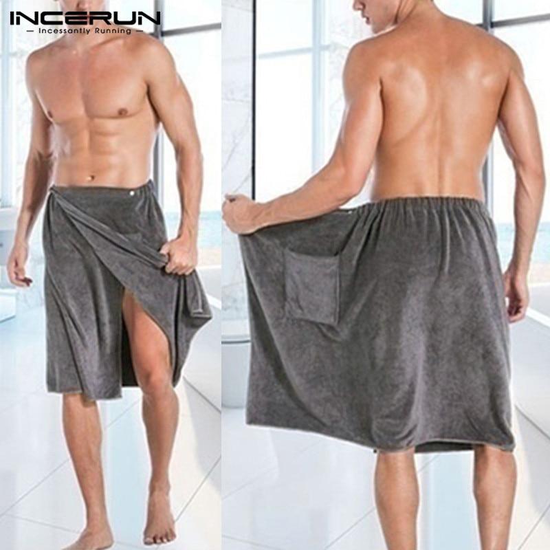 INCERUN Men Bathrobe Homewear Soft Solid Comfortable Men Bath Skirt Robes Comfy Sleepwear Pockets Towel Male Bathrobes 2019