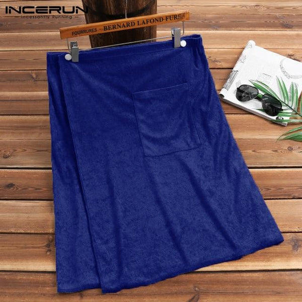 INCERUN Men Bathrobe Homewear Soft Solid Comfortable Men Bath Skirt Robes Comfy Sleepwear Pockets Towel Male Bathrobes 2019