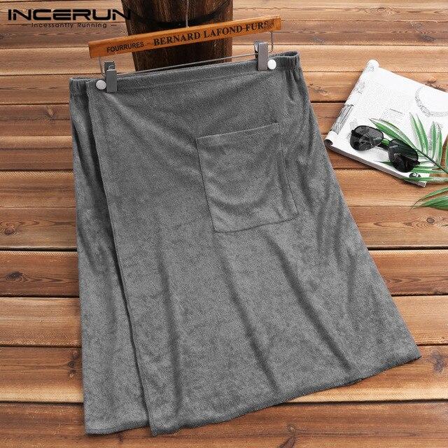 INCERUN Men Bathrobe Homewear Soft Solid Comfortable Men Bath Skirt Robes Comfy Sleepwear Pockets Towel Male Bathrobes 2019