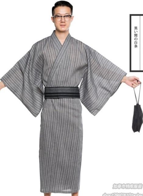 Men Kimono Bathrobe Yukata Long Breathable Pajamas Summer Japanese Style Household Cotton Robe A9089