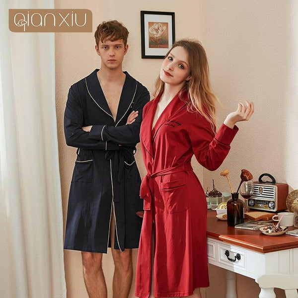 Autumn new couple cotton bathrobe Men's cotton tie home bathrobe