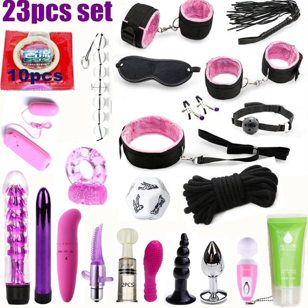 23 Pcs set Vibrator Sex Toys for Woman Adult Games Handcuffs Whip Mouth Gag Rope Metal Butt Plug Bdsm Bondage Set Bead Anal plug