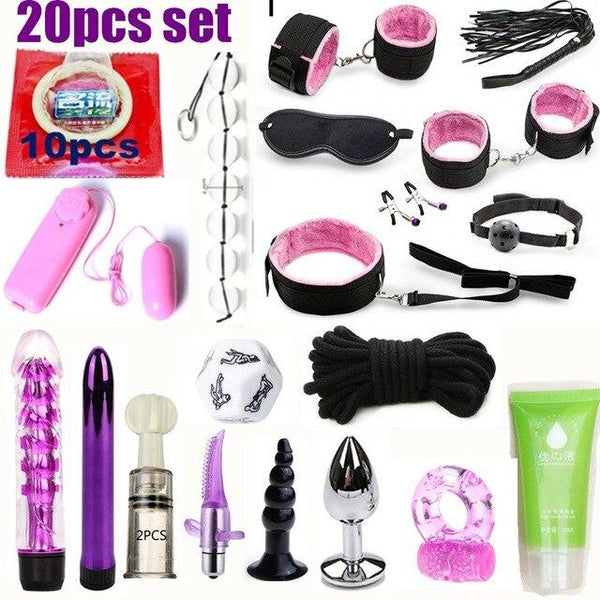 23 Pcs set Vibrator Sex Toys for Woman Adult Games Handcuffs Whip Mouth Gag Rope Metal Butt Plug Bdsm Bondage Set Bead Anal plug