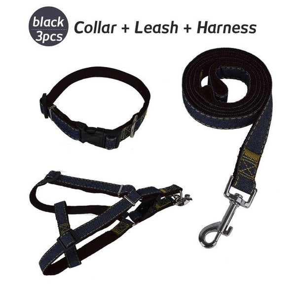Denim Dog Harnesses Leash Nylon Collar Rope Adjustable Training Pet Lead Leashes Harness For Dogs Cat Pets Supplies Set B43201