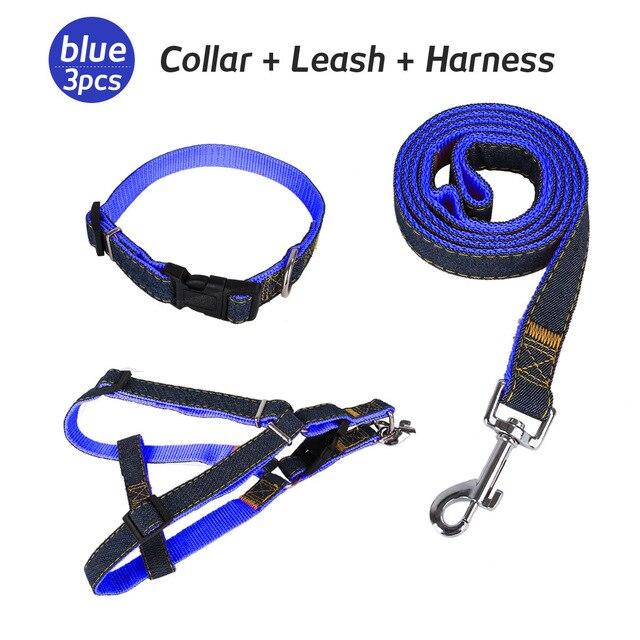 Denim Dog Harnesses Leash Nylon Collar Rope Adjustable Training Pet Lead Leashes Harness For Dogs Cat Pets Supplies Set B43201