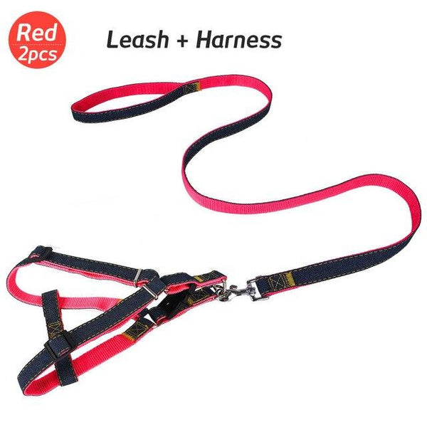 Denim Dog Harnesses Leash Nylon Collar Rope Adjustable Training Pet Lead Leashes Harness For Dogs Cat Pets Supplies Set B43201
