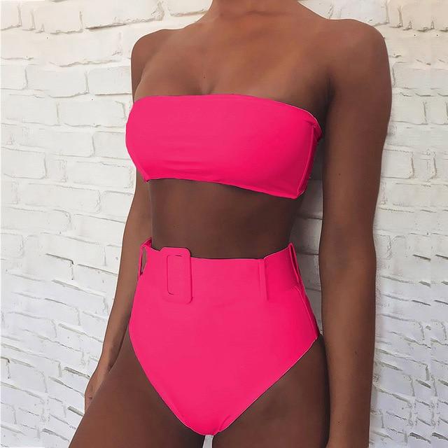 Solid Bandeau Bikini Swimwear Women Push Up Buckle Swimsuit High Waist Bikini Set Beach Wear Bathing Suit Brazilian Biquini
