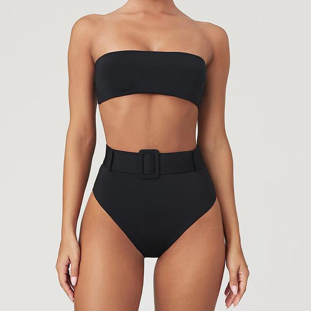 Solid Bandeau Bikini Swimwear Women Push Up Buckle Swimsuit High Waist Bikini Set Beach Wear Bathing Suit Brazilian Biquini
