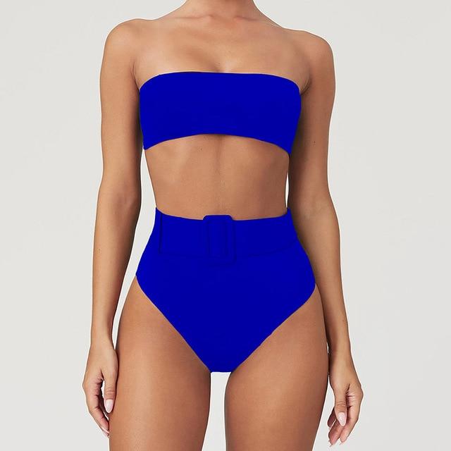 Solid Bandeau Bikini Swimwear Women Push Up Buckle Swimsuit High Waist Bikini Set Beach Wear Bathing Suit Brazilian Biquini