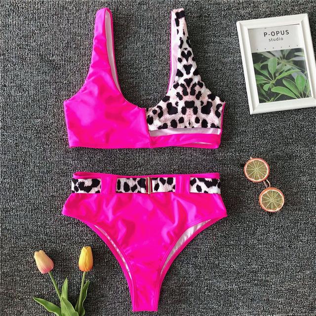 Neon Pink Bikini 2019 Leopard Print Patchwork Belt High Waist Swimsuit Metal Button Swimwear Women Sexy Hollow Out Bathing Suit