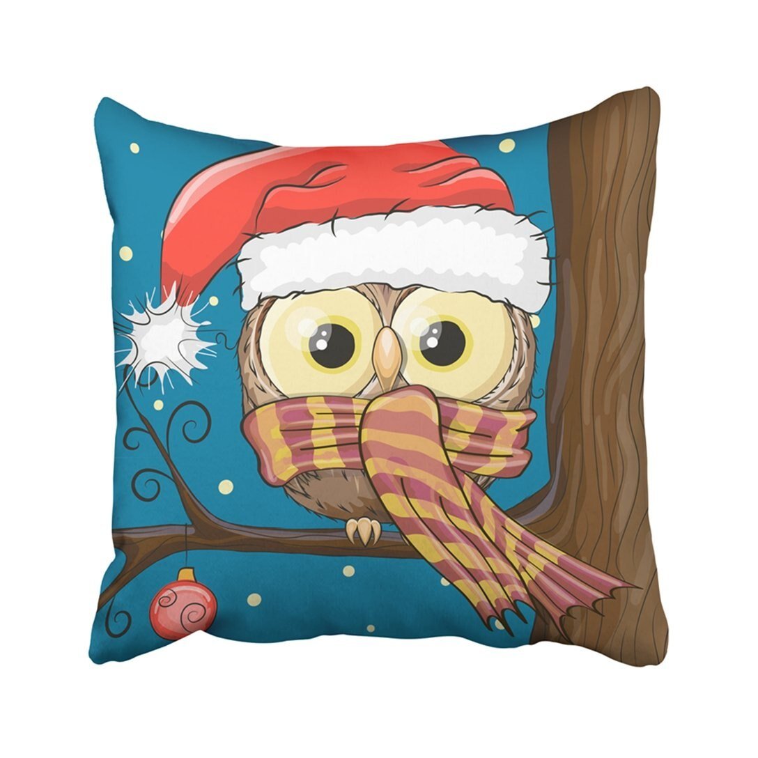 Pillow Cover 18"X18" Red Christmas Cute Cartoon Owl Santa Hat Branch White Animals Bird Bowl Characters Pillowcase s Print Home