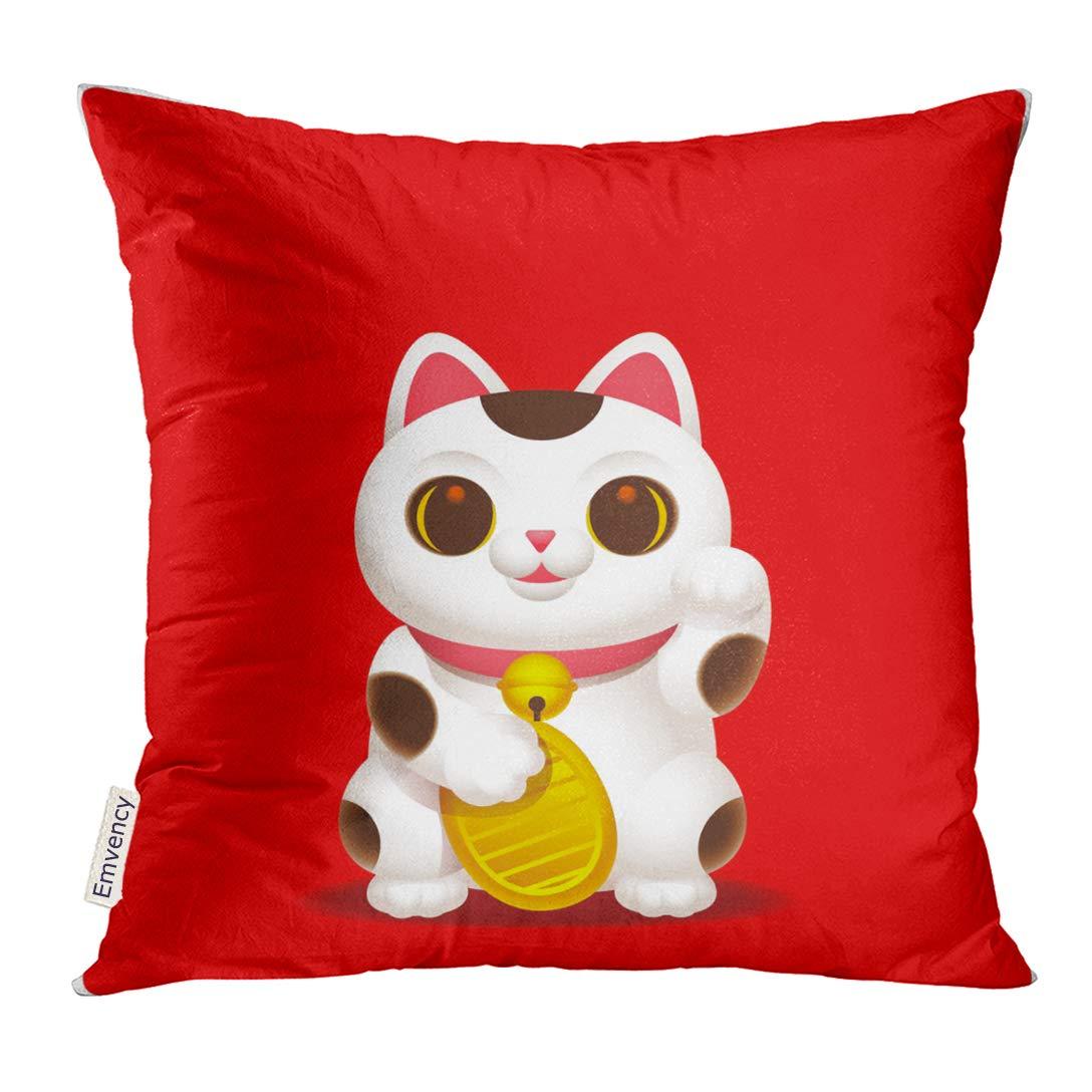 Throw Pillow Cover Amulet Cute Maneki Neko Lucky Cat Character Golden Coin Red Color Animal Pillow Case Home