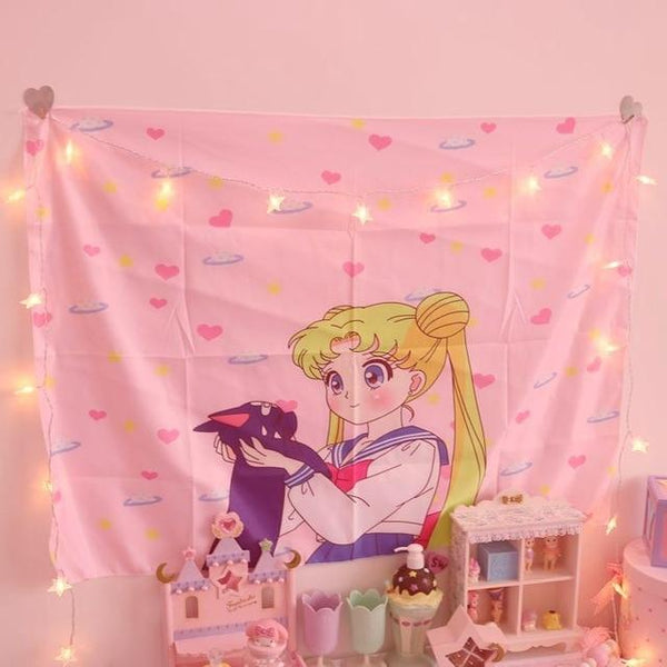 Cosplay Sailor Moon card captor sakura Action Figure Printed Polyester Usagi Cartoon Luna Cat photo Background Cloth Tablecloth