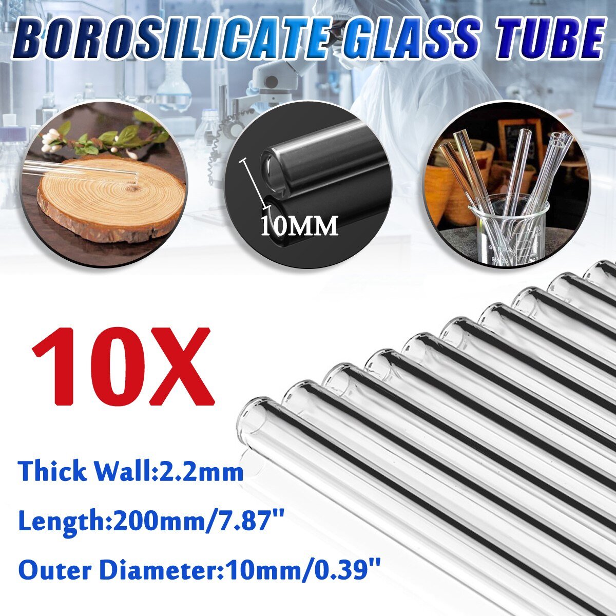 10Pcs 200mm OD-10mm 2.2mm Thick Wall Borosilicate Glass Blowing Tube Laboratory School Transparent Mixer Stirring Rod Tools