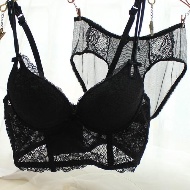 Sexy female deep V-neck sweet push up underwear women's 5 breasted lace bra cover set fresh crochet broadside lingerie set
