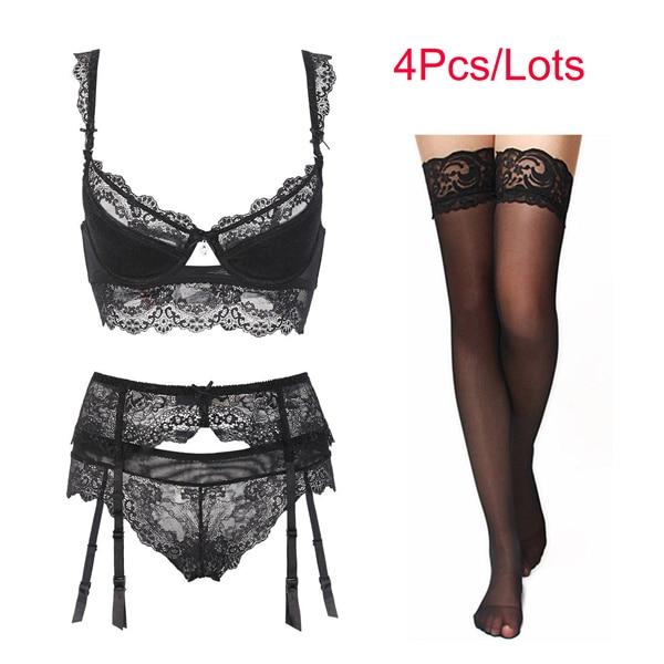 Varsbaby thin cotton lace sexy Comfortable breathable bra set 4 piece bra+panties+garter+Stockings