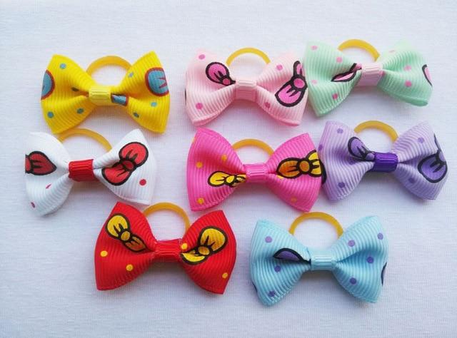 (100 pieces/lot) Cute Ribbon Pet Grooming Accessories Handmade Small Dog Cat Hair Bows With Elastic Rubber Band 121 Colors
