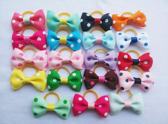(100 pieces/lot) Cute Ribbon Pet Grooming Accessories Handmade Small Dog Cat Hair Bows With Elastic Rubber Band 121 Colors
