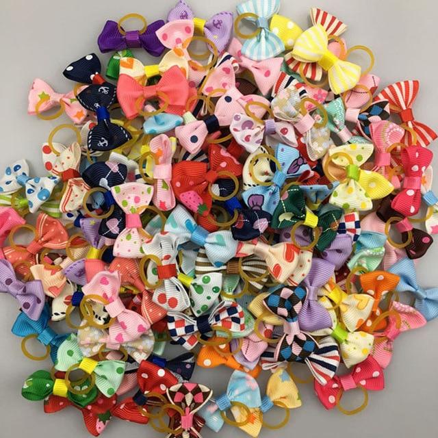 (100 pieces/lot) Cute Ribbon Pet Grooming Accessories Handmade Small Dog Cat Hair Bows With Elastic Rubber Band 121 Colors