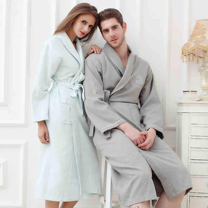Waffle bathrobe men women cotton terry  XL men's robe nightgown ladies sleepwear long soft home hotel spring summer