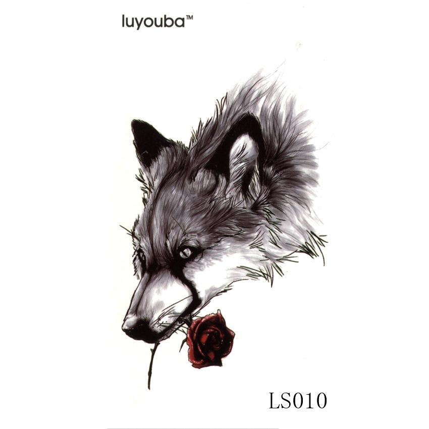 Wounded lonely wolf Waterproof Temporary Tattoos Men Sad Animal Temporary Tattoo tatouage  Rose fake tattoo sleeve tatoo sticker