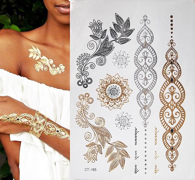 Hot Flash Metallic Waterproof Temporary Tattoo Gold Silver Tatoo Women Henna Flower Taty Design Tattoo Sticker