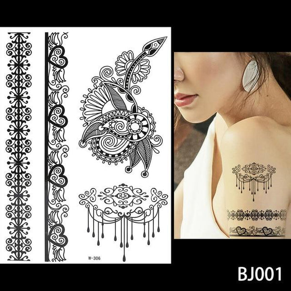 1PC Fashion Flash Waterproof  Tattoo Women Black Ink Henna Jewel Sexy Lace BJ019 Flower Pendant Wed Henna Temporary Tattoo Stick