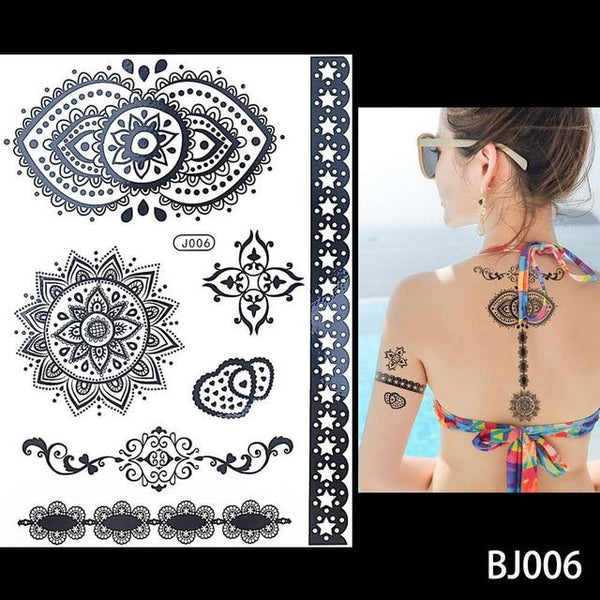 1PC Fashion Flash Waterproof  Tattoo Women Black Ink Henna Jewel Sexy Lace BJ019 Flower Pendant Wed Henna Temporary Tattoo Stick