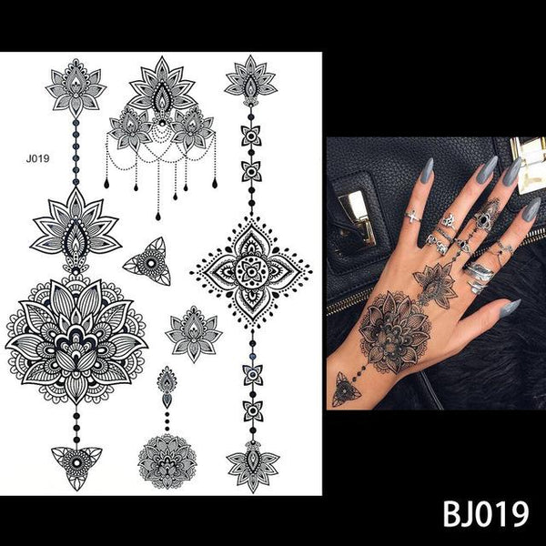 1PC Fashion Flash Waterproof  Tattoo Women Black Ink Henna Jewel Sexy Lace BJ019 Flower Pendant Wed Henna Temporary Tattoo Stick