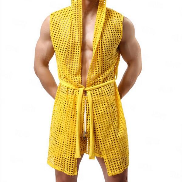 Hot!Male Summer Bathrobe Net Mesh Perspectivity with a hood Bathrobe Robe Cutout  Men's Sexy  Underwear Men's sleepwear