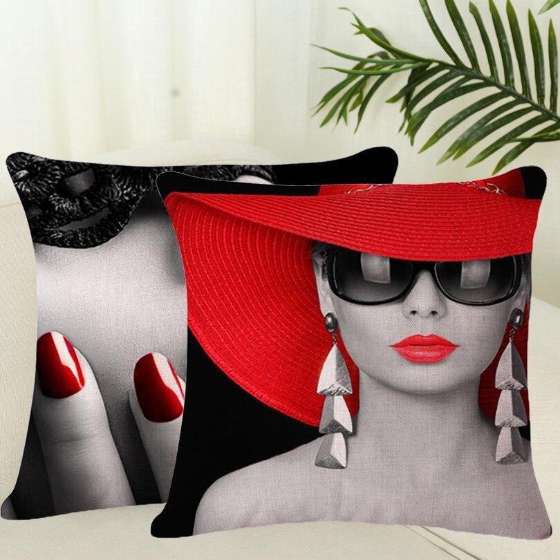 Cotton Linen  Pillow Cover Chair Seat Waist Square Decorative Big red lips character Pattern Pillowcase Home Cushion Living