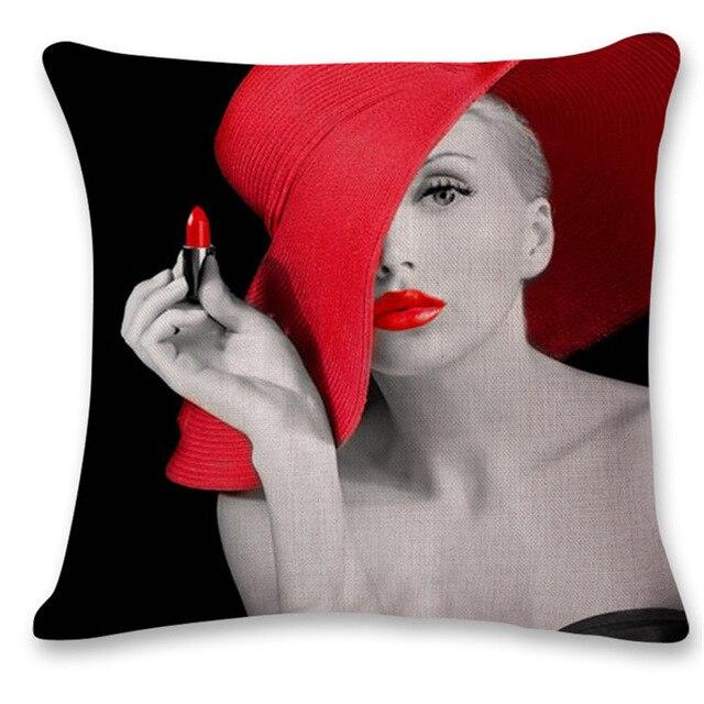 Cotton Linen  Pillow Cover Chair Seat Waist Square Decorative Big red lips character Pattern Pillowcase Home Cushion Living