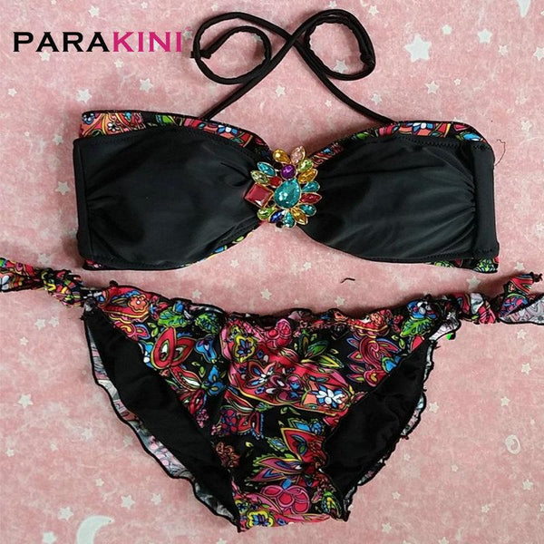 PARAKINI 2018 NEW Crystal Rhinestone Bikinis Set Women Push Up Diamond Swimwear Halter Top Bra Swimsuits Beach Wear Bathing Suit