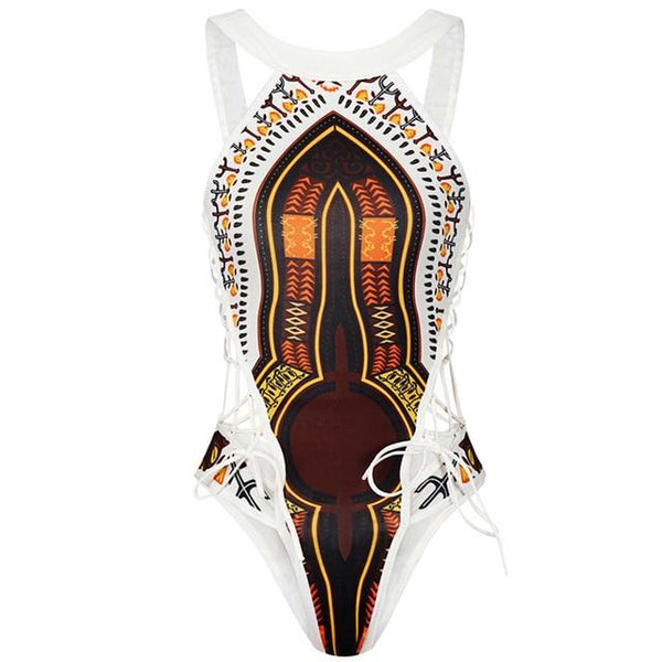 HELLO BEACH 2018 New One Piece Swimsuit Bandage bodysuit African Printed Swimwear Female High Cut Monokini Sexy High Neck
