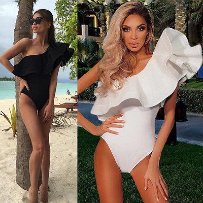 Women Sexy One Shoulder Ruffled Bodysuit Swimwear Jumpsuit One Piece Monokini Bathing Swimsuit Beach Wear