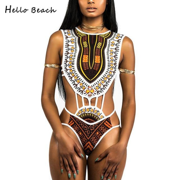 HELLO BEACH 2018 New One Piece Swimsuit Bandage bodysuit African Printed Swimwear Female High Cut Monokini Sexy High Neck