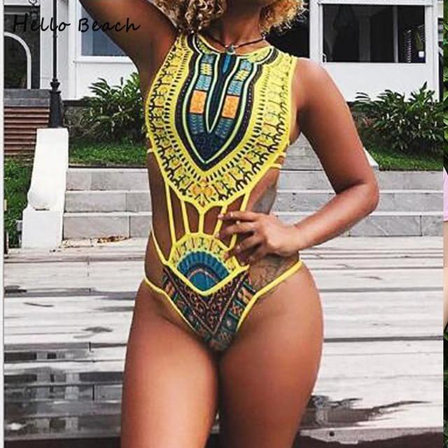 HELLO BEACH 2018 New One Piece Swimsuit Bandage bodysuit African Printed Swimwear Female High Cut Monokini Sexy High Neck
