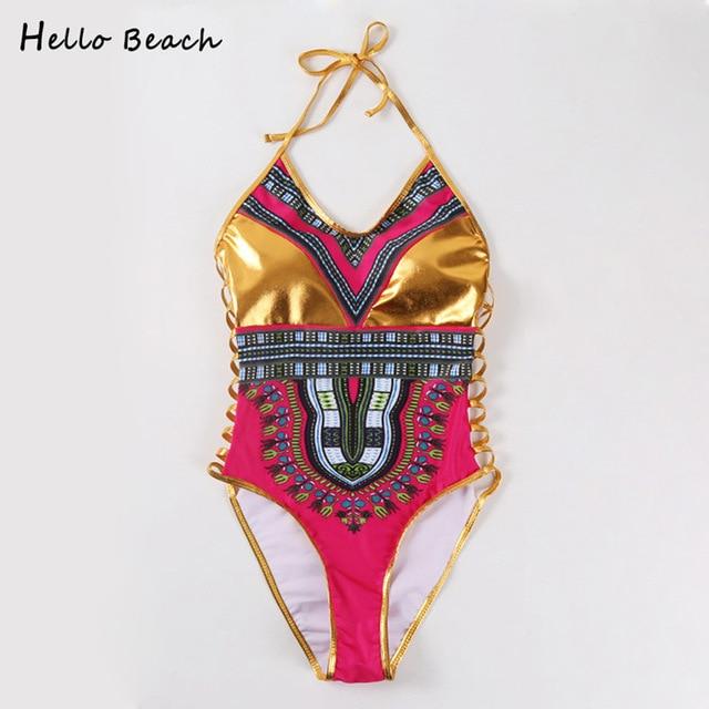 HELLO BEACH 2018 New One Piece Swimsuit Bandage bodysuit African Printed Swimwear Female High Cut Monokini Sexy High Neck