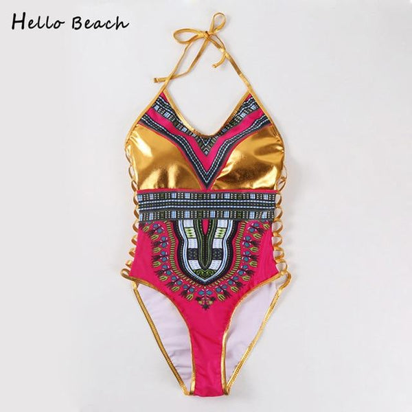 HELLO BEACH 2018 New One Piece Swimsuit Bandage bodysuit African Printed Swimwear Female High Cut Monokini Sexy High Neck