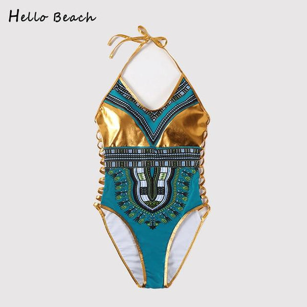 HELLO BEACH 2018 New One Piece Swimsuit Bandage bodysuit African Printed Swimwear Female High Cut Monokini Sexy High Neck