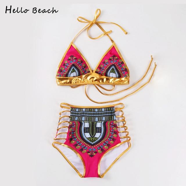 HELLO BEACH 2018 New One Piece Swimsuit Bandage bodysuit African Printed Swimwear Female High Cut Monokini Sexy High Neck