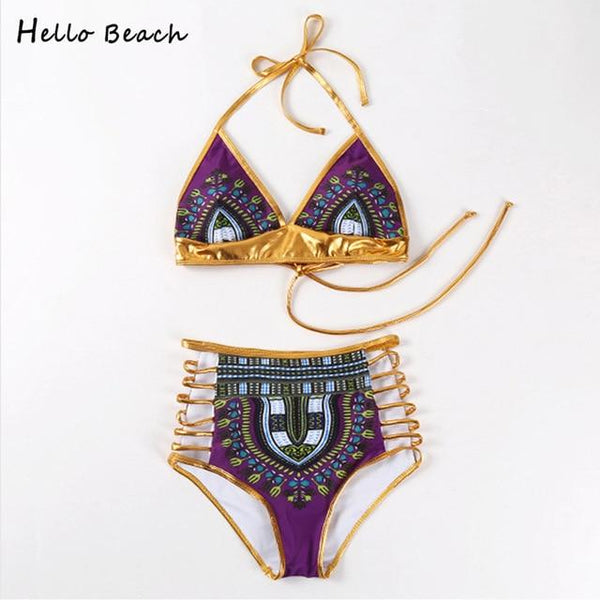 HELLO BEACH 2018 New One Piece Swimsuit Bandage bodysuit African Printed Swimwear Female High Cut Monokini Sexy High Neck