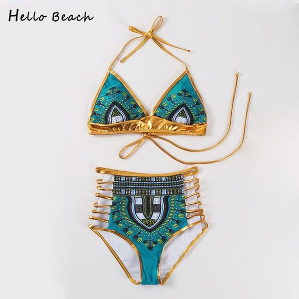 HELLO BEACH 2018 New One Piece Swimsuit Bandage bodysuit African Printed Swimwear Female High Cut Monokini Sexy High Neck