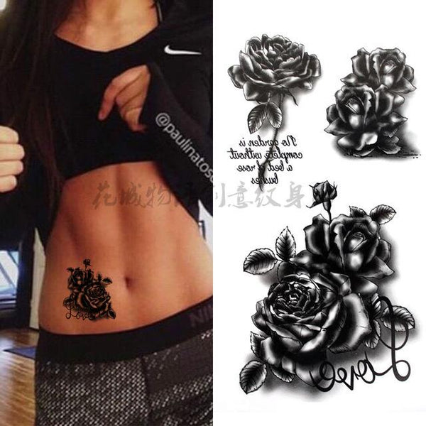 Black big flower Body Art Waterproof Temporary Sexy thigh tattoos rose For Woman Flash Tattoo Stickers 10*20CM KD1050