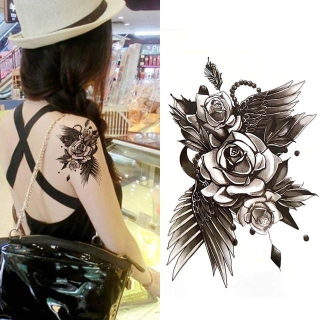 Black big flower Body Art Waterproof Temporary Sexy thigh tattoos rose For Woman Flash Tattoo Stickers 10*20CM KD1050