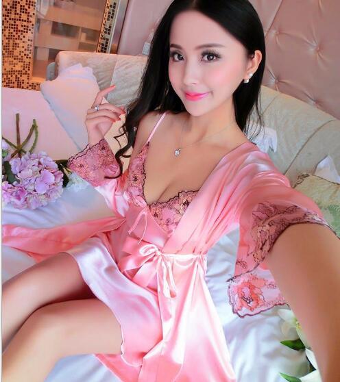 Fdfklak Robe Sets Female Sexy Satin Silk Sleepwear Women Lace Embroidery Two-Piece Long-Sleeve Bathrobes Set 2018 New