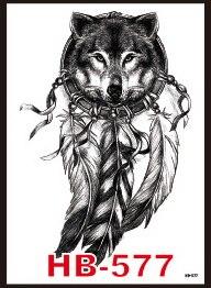 1pc hot sale Black Wolf with Feather Dreamcatcher Cat owl Cool Beauty arm big Tatoo Waterproof Temporary Tattoo Stickers 21*15cm